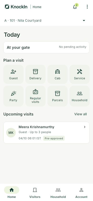 Home app showing visit types and upcoming invitations
